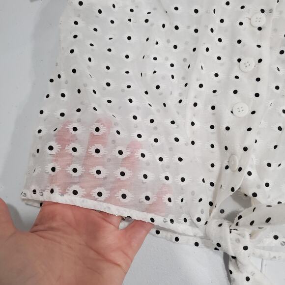 ModCloth Shirt Womens Medium White Black Polka Dot Button Sheer Tie Front Blouse - Picture 4 of 9